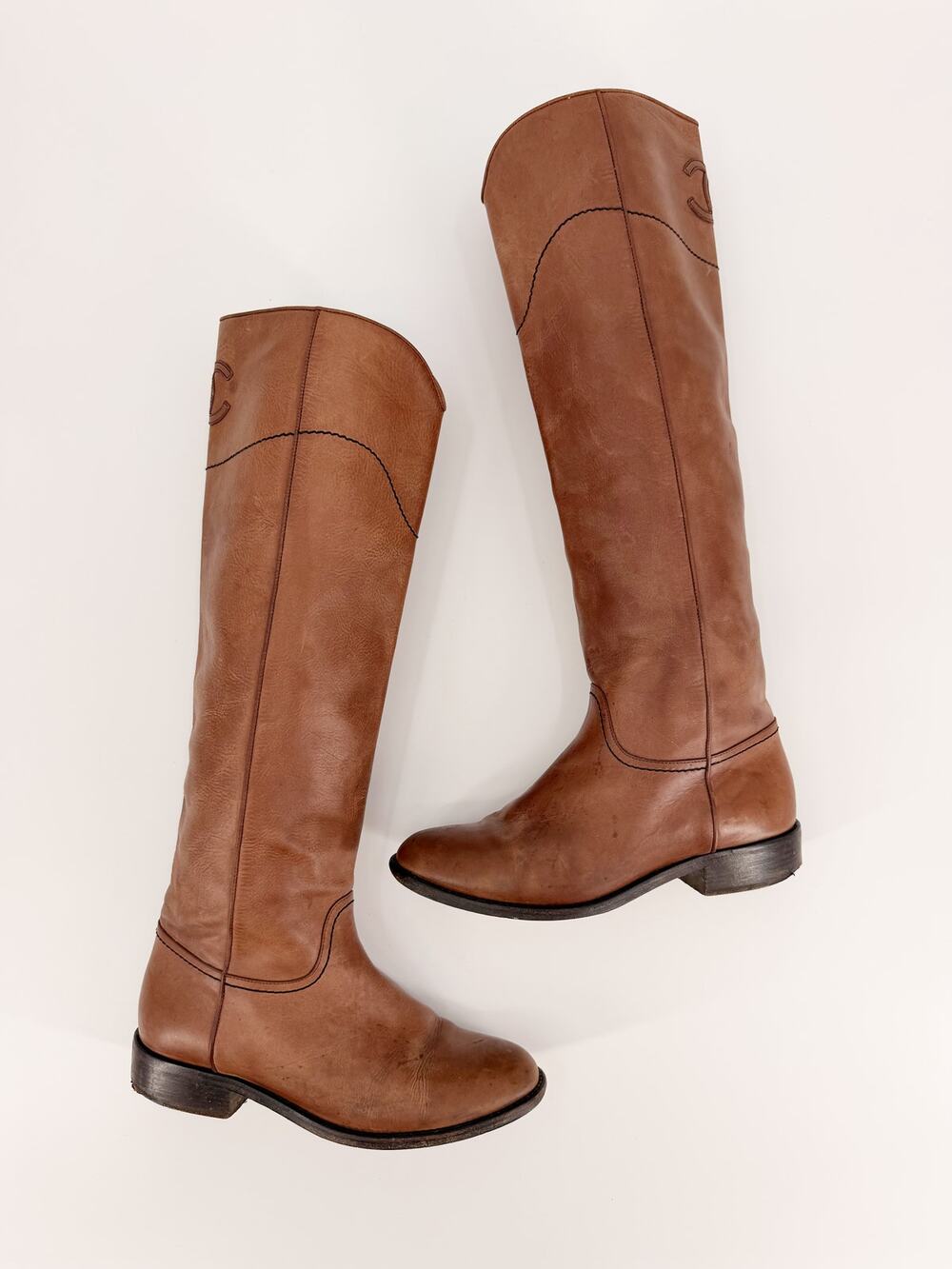 Chanel Brown Leather Interlocking CC Logo Knee High Riding Boots Size 37 EU 6.5
